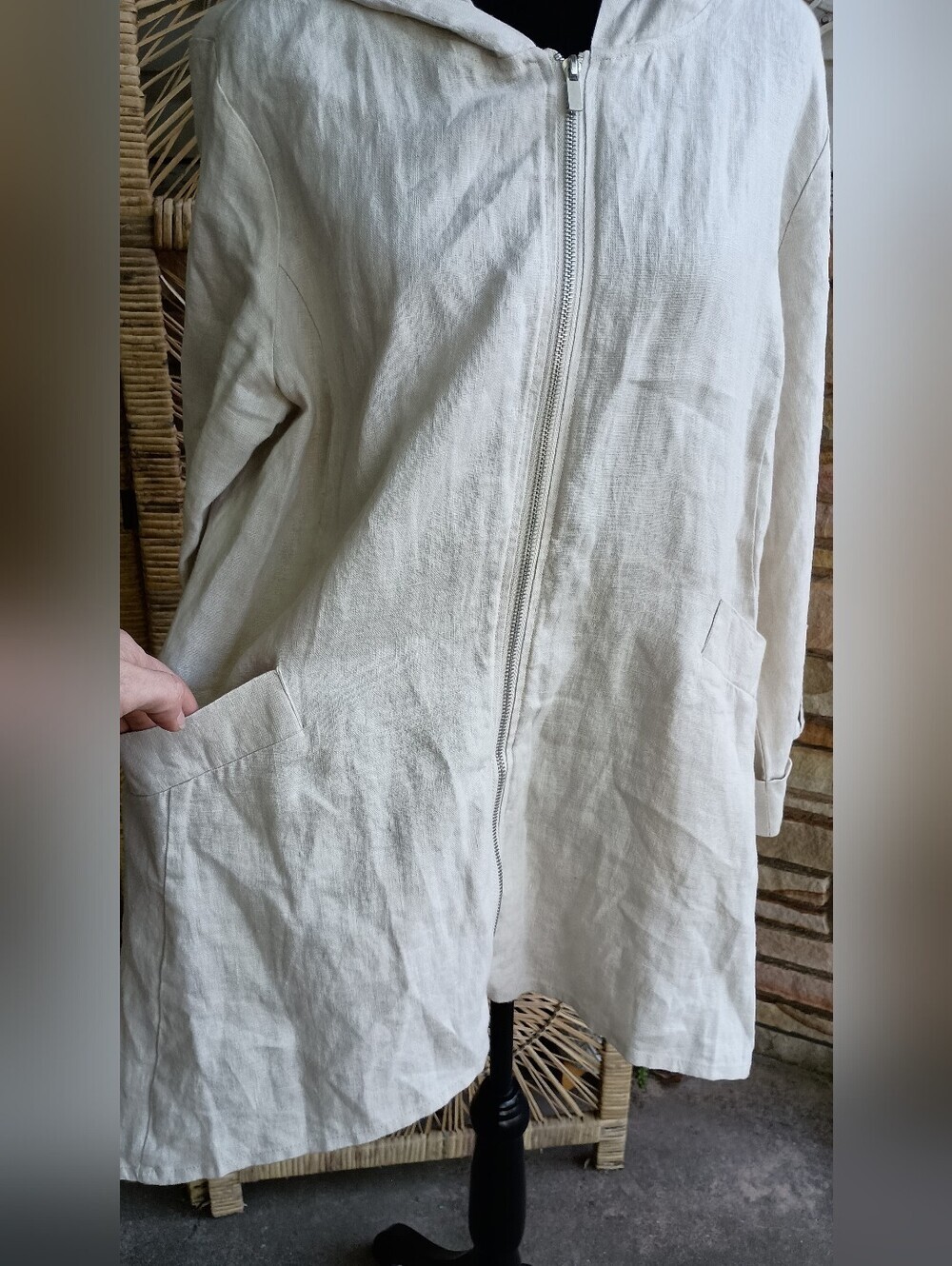 NWOT For Cynthia Lightweight 100% Linen Cream Hooded Coat_L - Picture 3 of 10